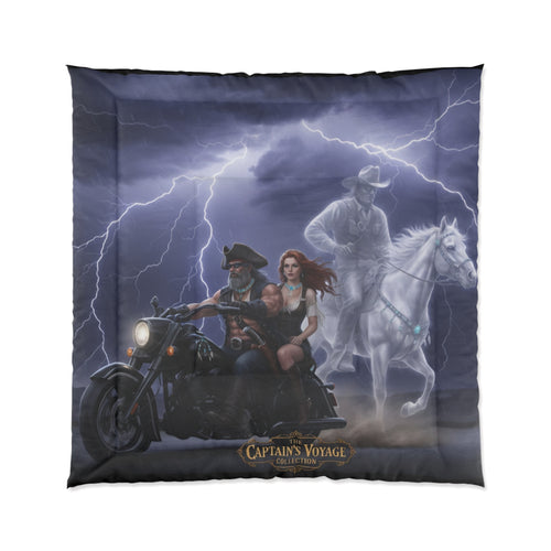 Captain's Voyage Motorcycle Rider Comforter with Ghostly Cowboy & Lightning Scene