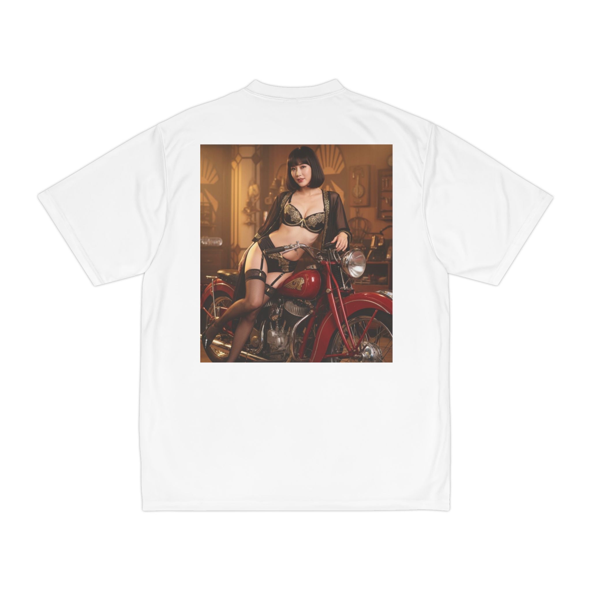 Pinup Motorcycle Tee — Vintage Biker Girl Photo Print