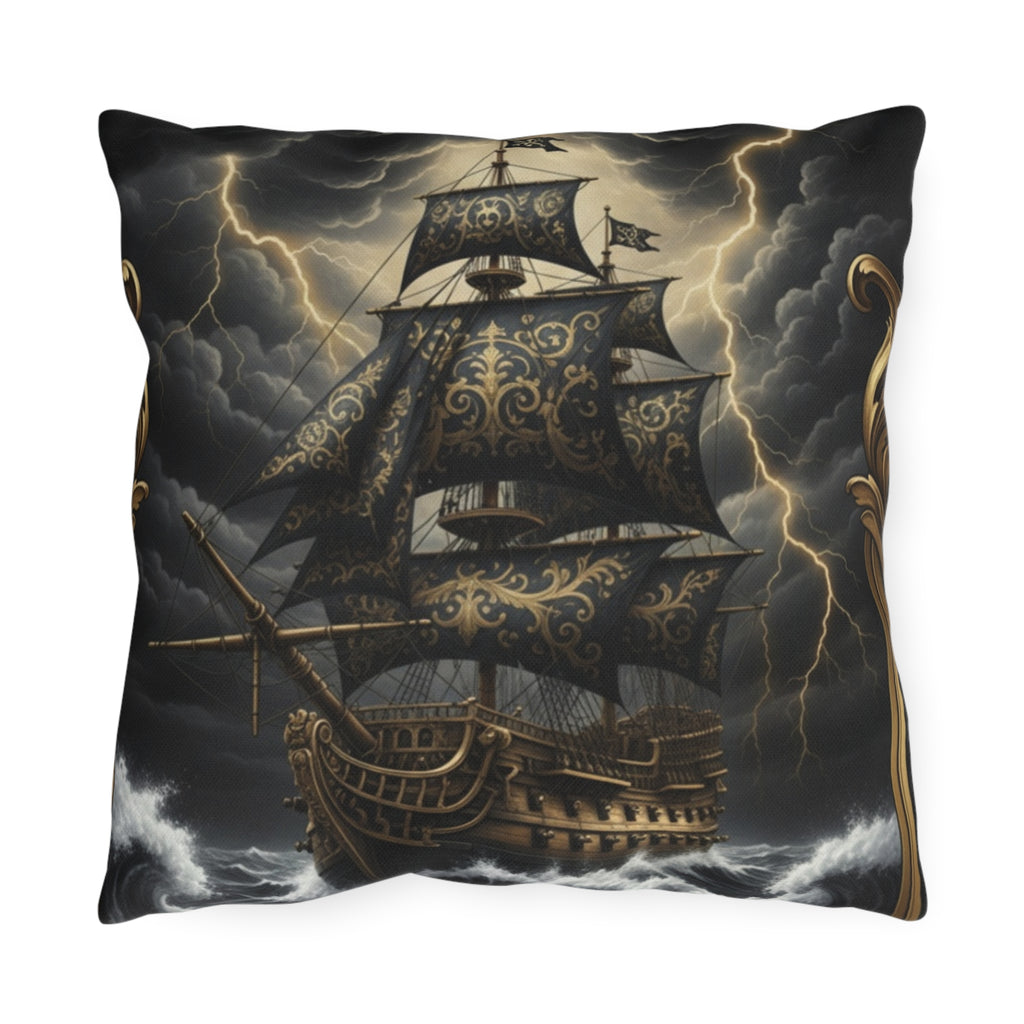 Nautical Black Pirate Ship Outdoor Pillow - "The Captain's Voyage Collection" Accent Cushion