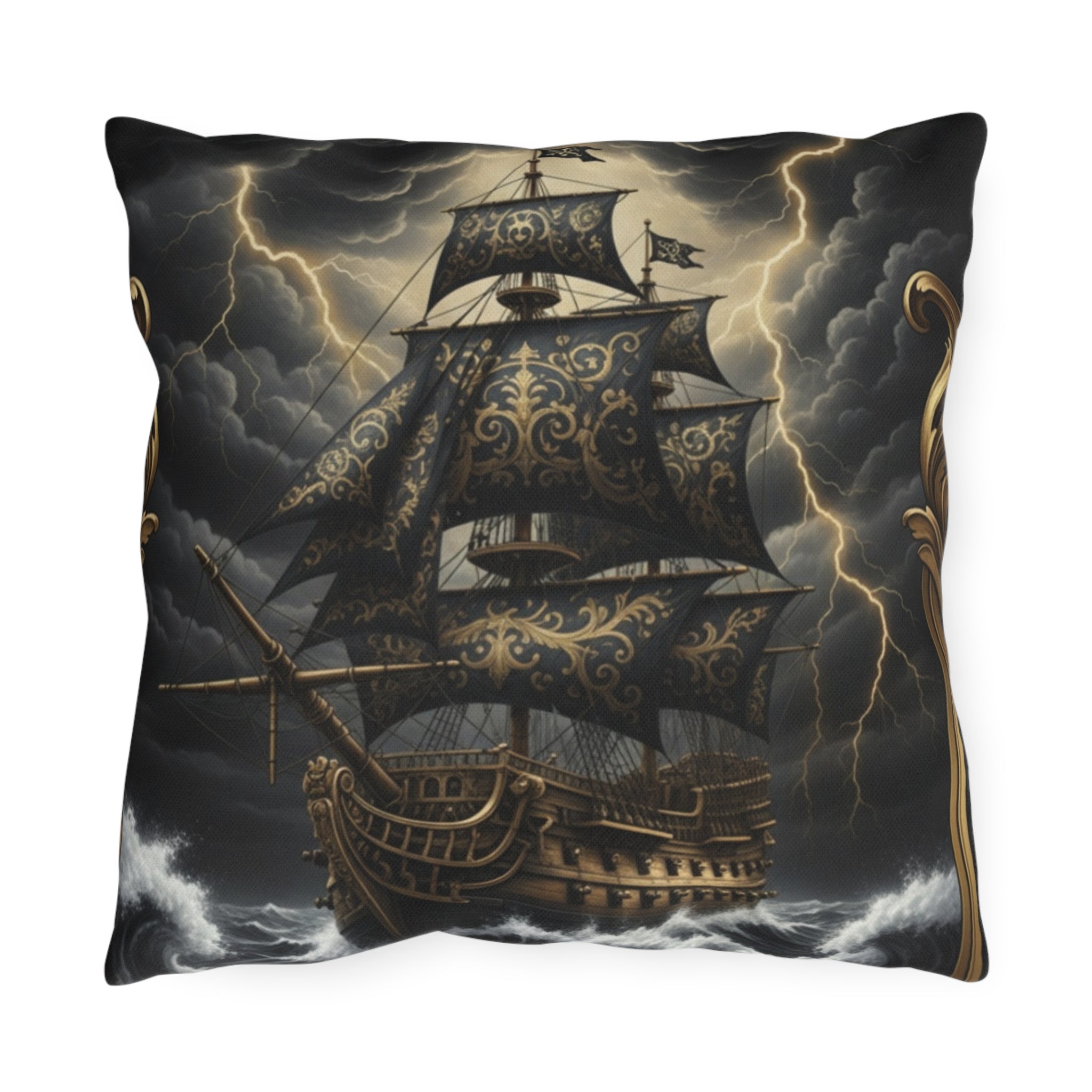 Nautical Black Pirate Ship Outdoor Pillow - "The Captain's Voyage Collection" Accent Cushion