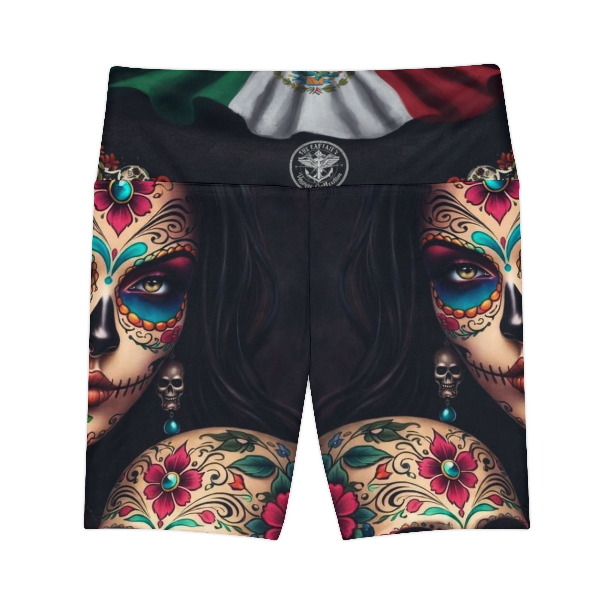 Day of the Dead Women’s Workout Shorts — Sugar Skull Mexican Flag AOP