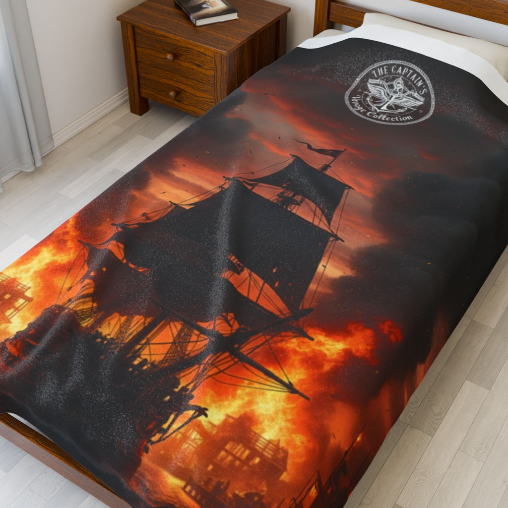 Pirate Ship on Fire Velveteen Plush Blanket — Dramatic Nautical Throw for Cozy Nights