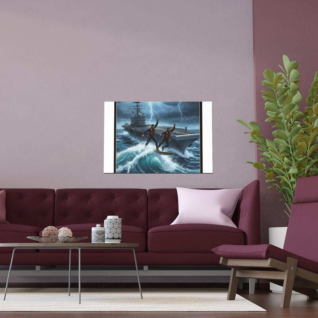 Navy Storm Surfing Silk Poster — Military Aircraft Carrier Art Print (Indoor/Outdoor)