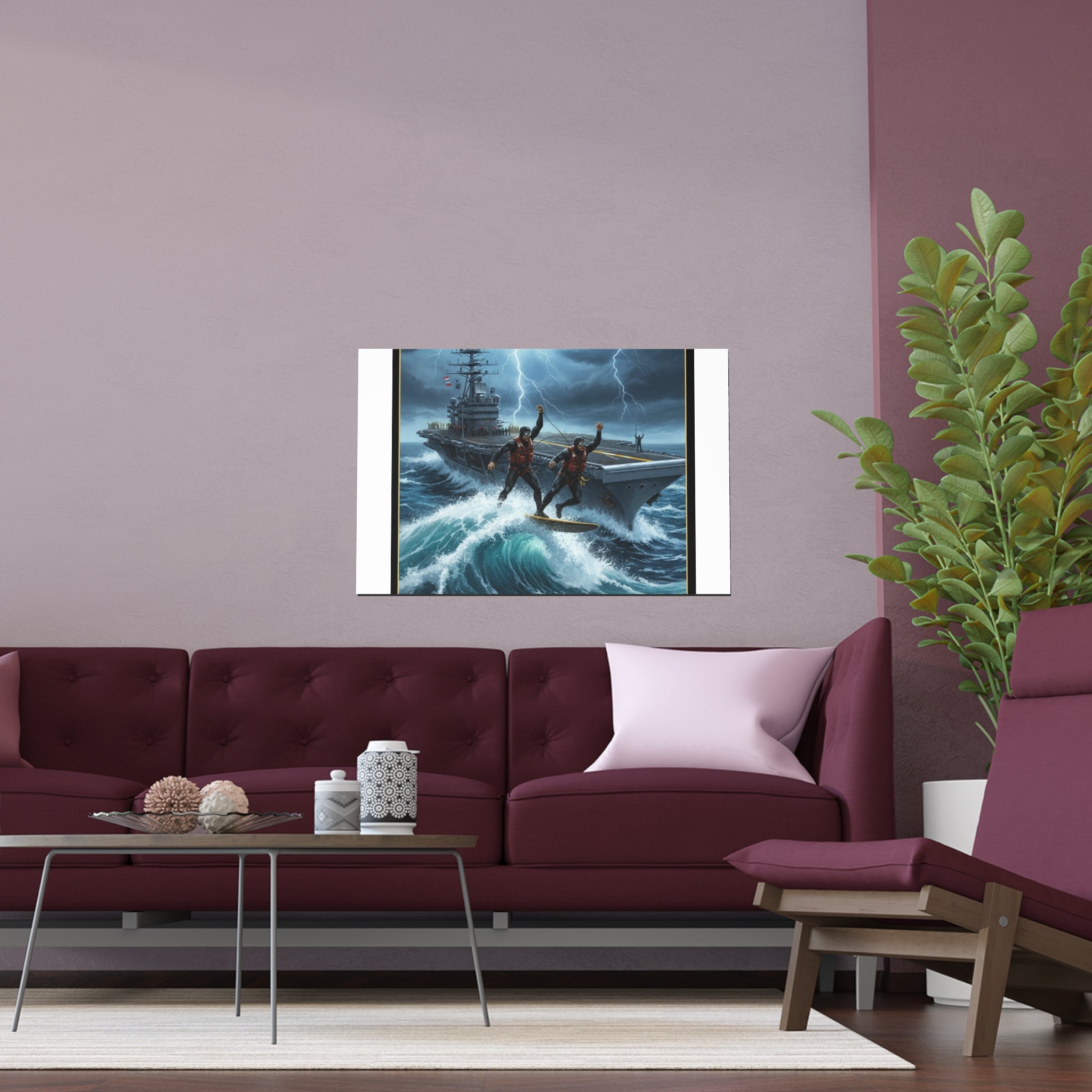 Navy Storm Surfing Silk Poster — Military Aircraft Carrier Art Print (Indoor/Outdoor)