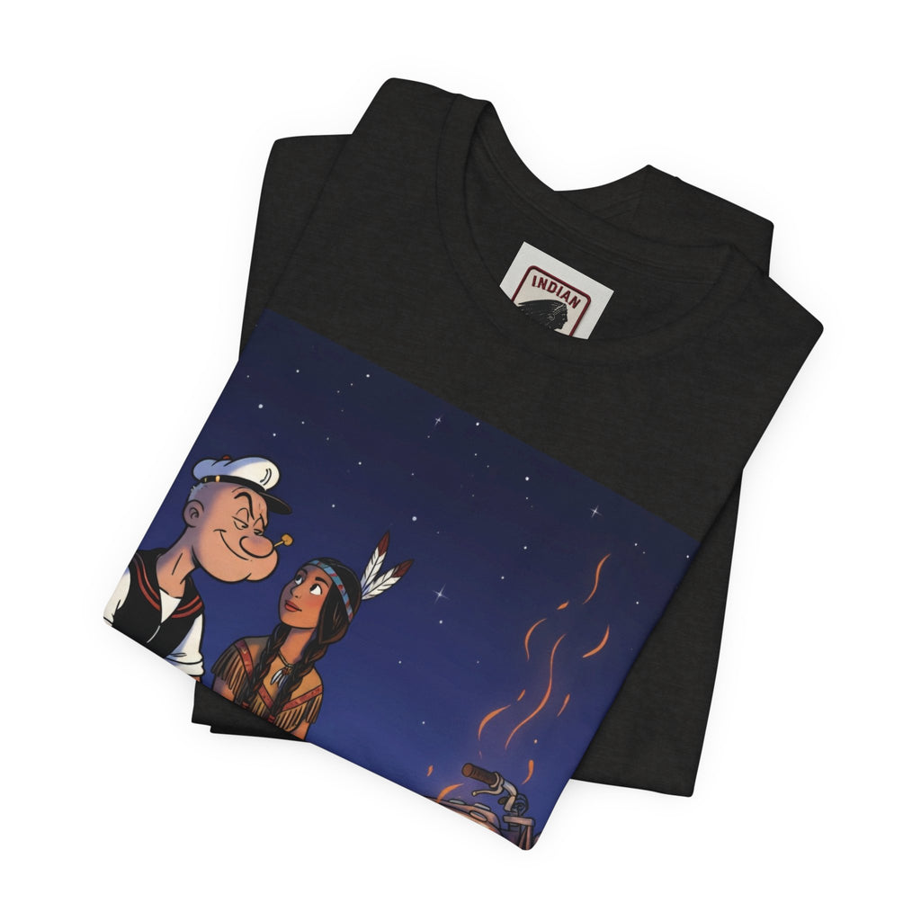 Popeye & Olive Adventure Tee — Vintage Motorcycle Campfire Graphic T-Shirt