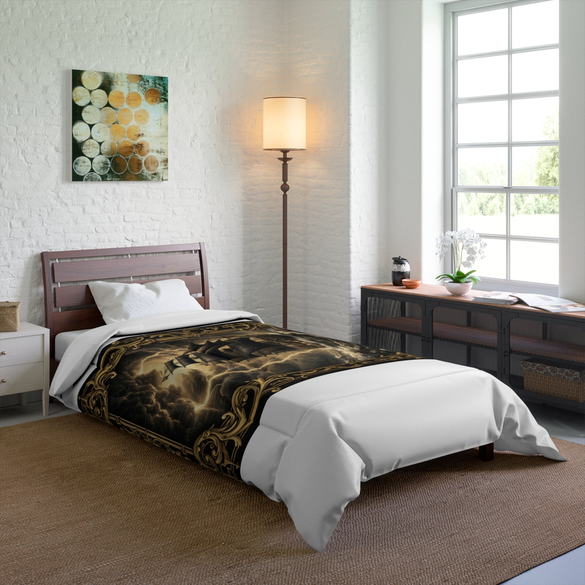 Nautical Storm Ship Comforter – Vintage Pirate Ship Bedding with Ornate Compass Frame