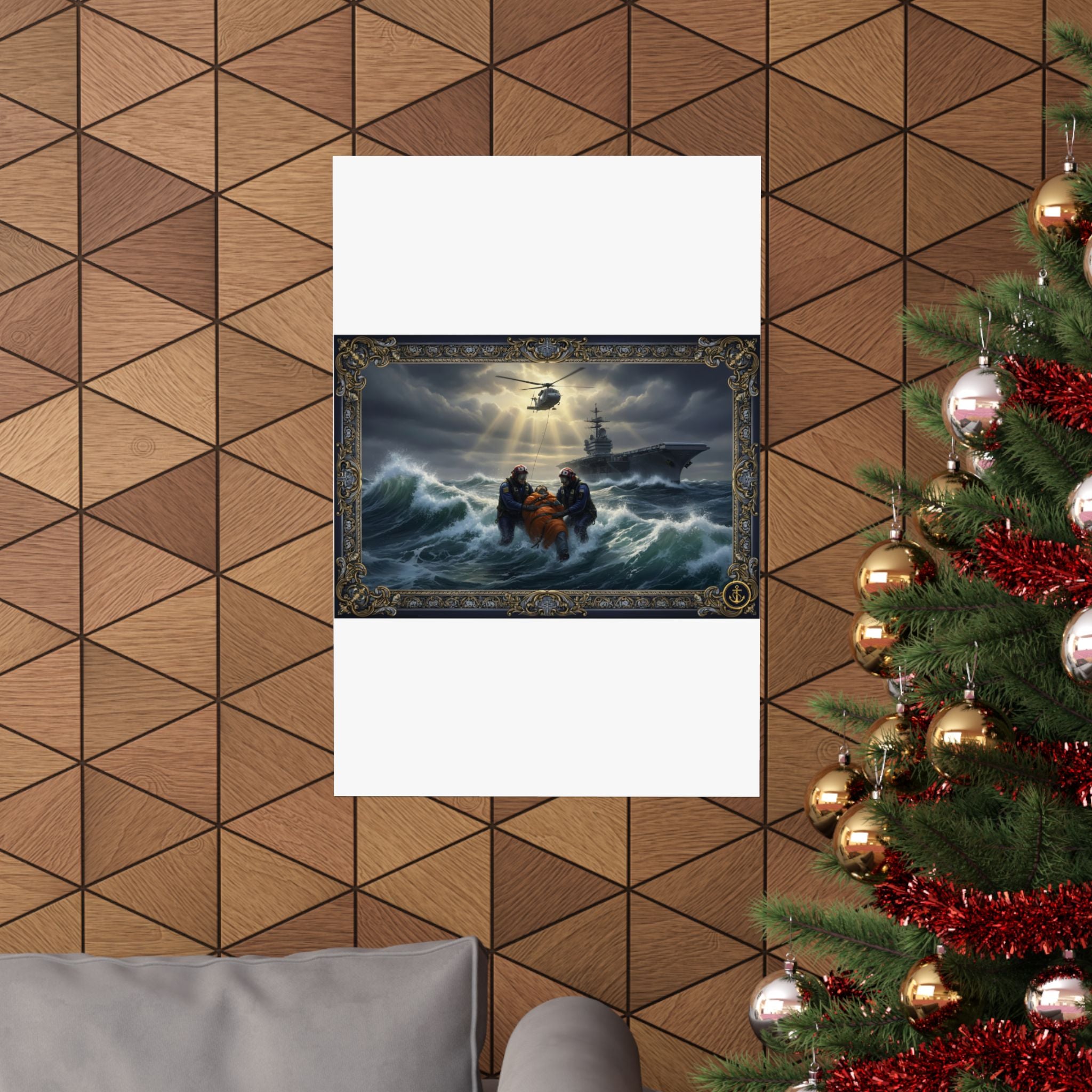 Rescue at Sea Matte Vertical Poster — Dramatic Navy Helicopter & Ship Storm Print