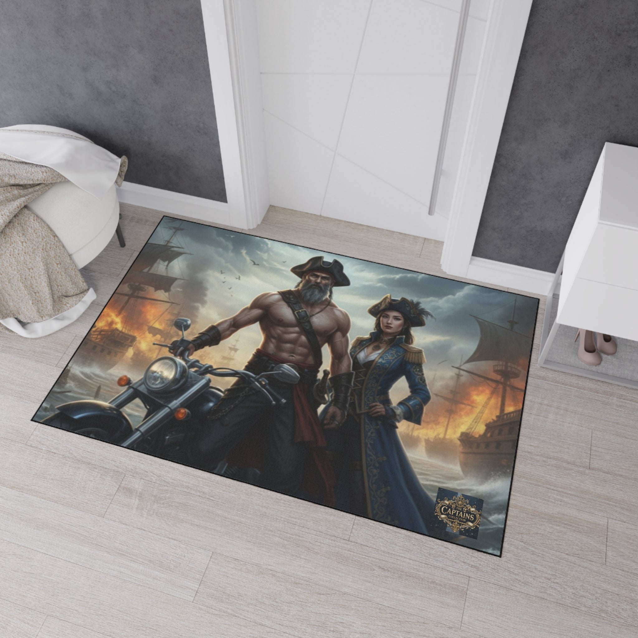Pirate Captain & Corsair Heavy-Duty Floor Mat — Nautical Motorcycle Art Rug