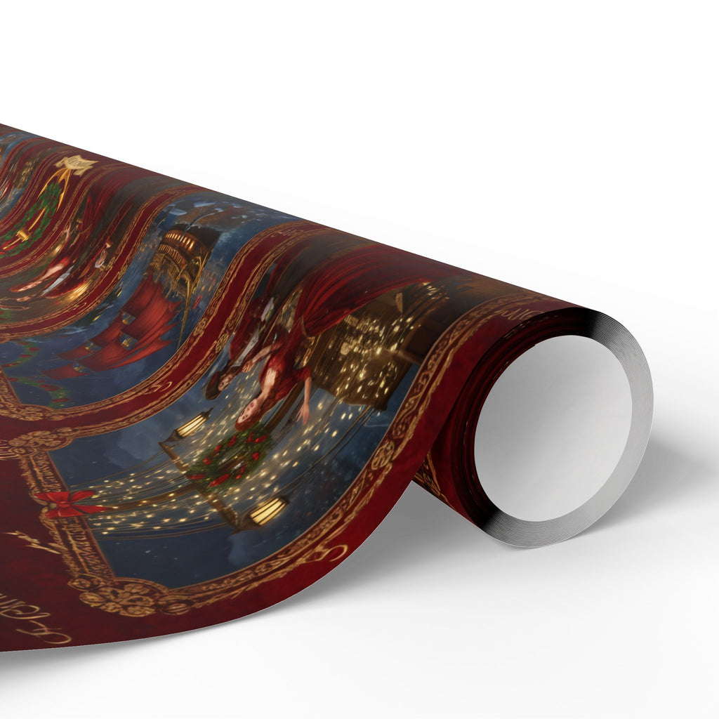 Wrapping Paper Roll — Vintage Holiday Sleigh & Ornament Pattern (Red & Gold)