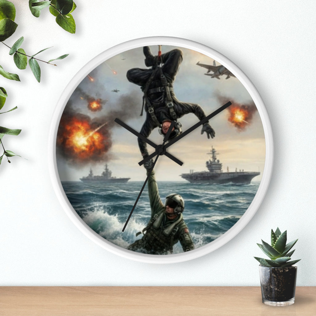 Military Rescue Wall Clock — Navy Helicopter & Sailor Action Scene