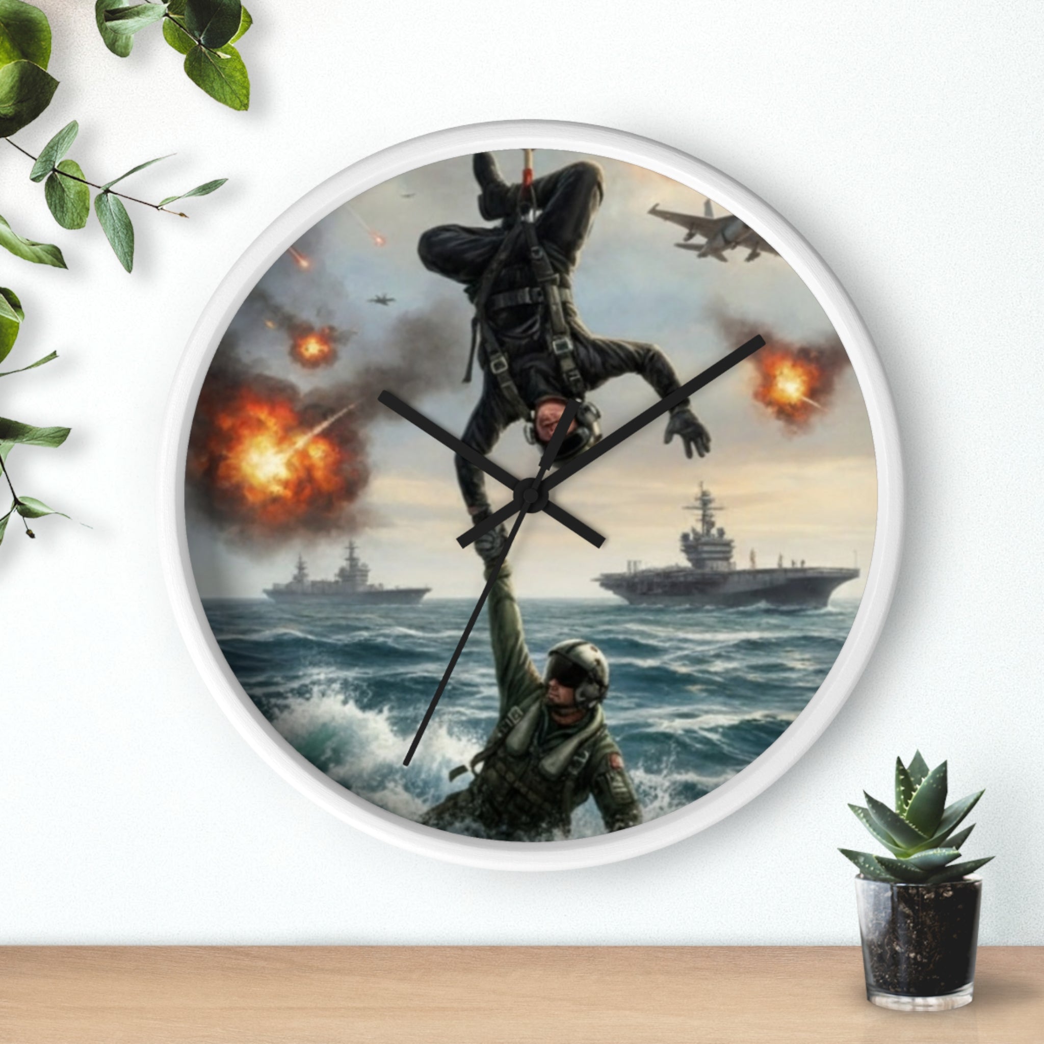 Military Rescue Wall Clock — Navy Helicopter & Sailor Action Scene