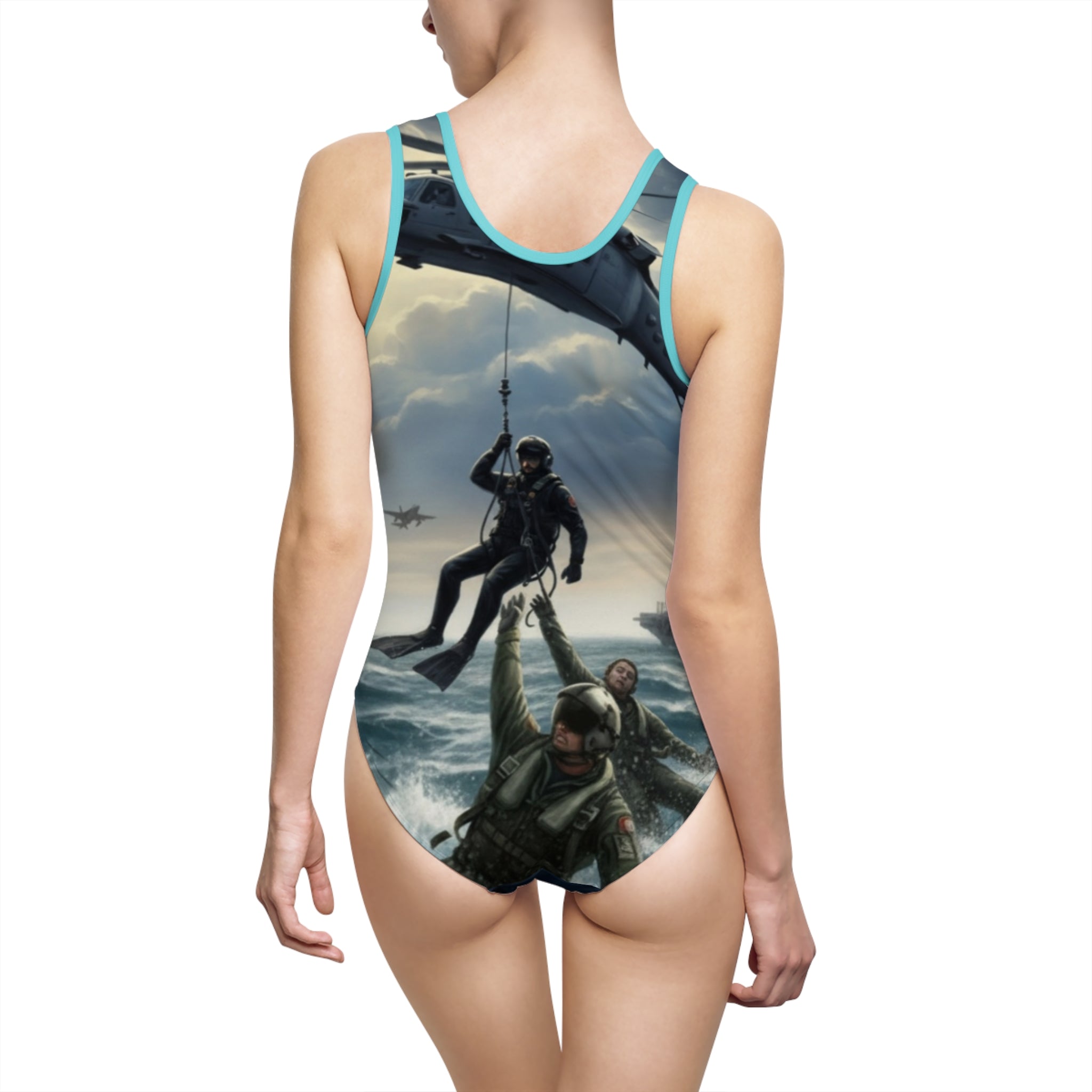 Military Rescue One-Piece Swimsuit — Combat Helicopter & Paratrooper Beachwear