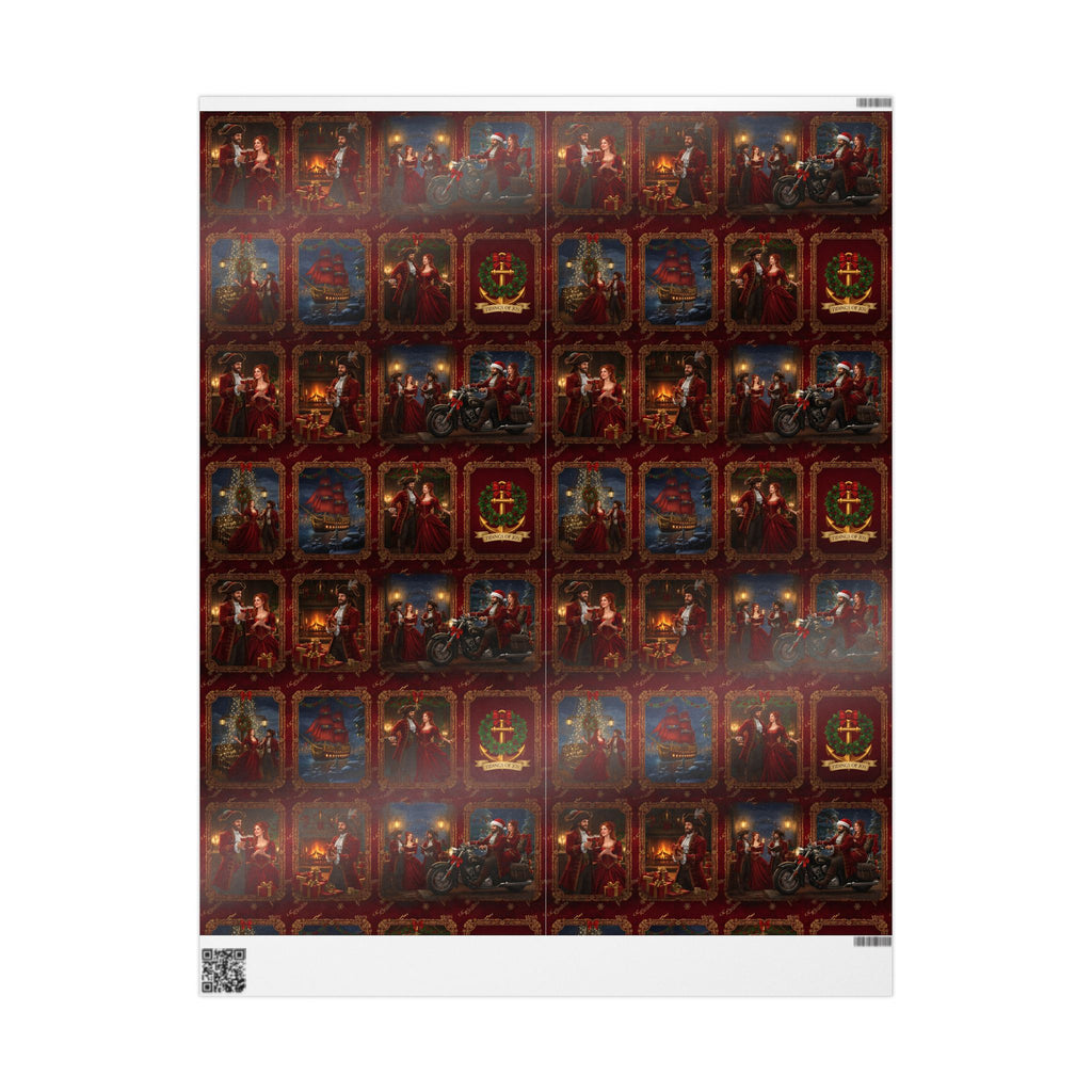 Wrapping Paper Roll — Vintage Holiday Sleigh & Ornament Pattern (Red & Gold)