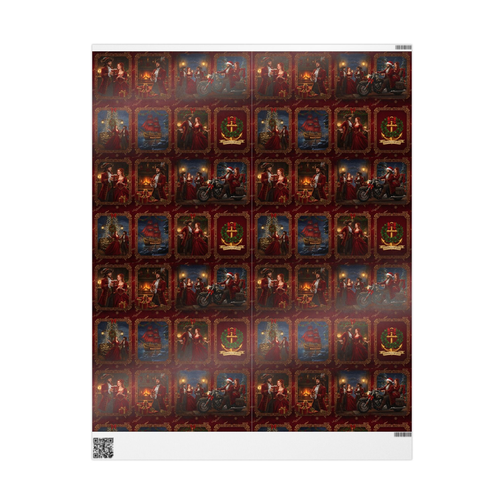 Wrapping Paper Roll — Vintage Holiday Sleigh & Ornament Pattern (Red & Gold)