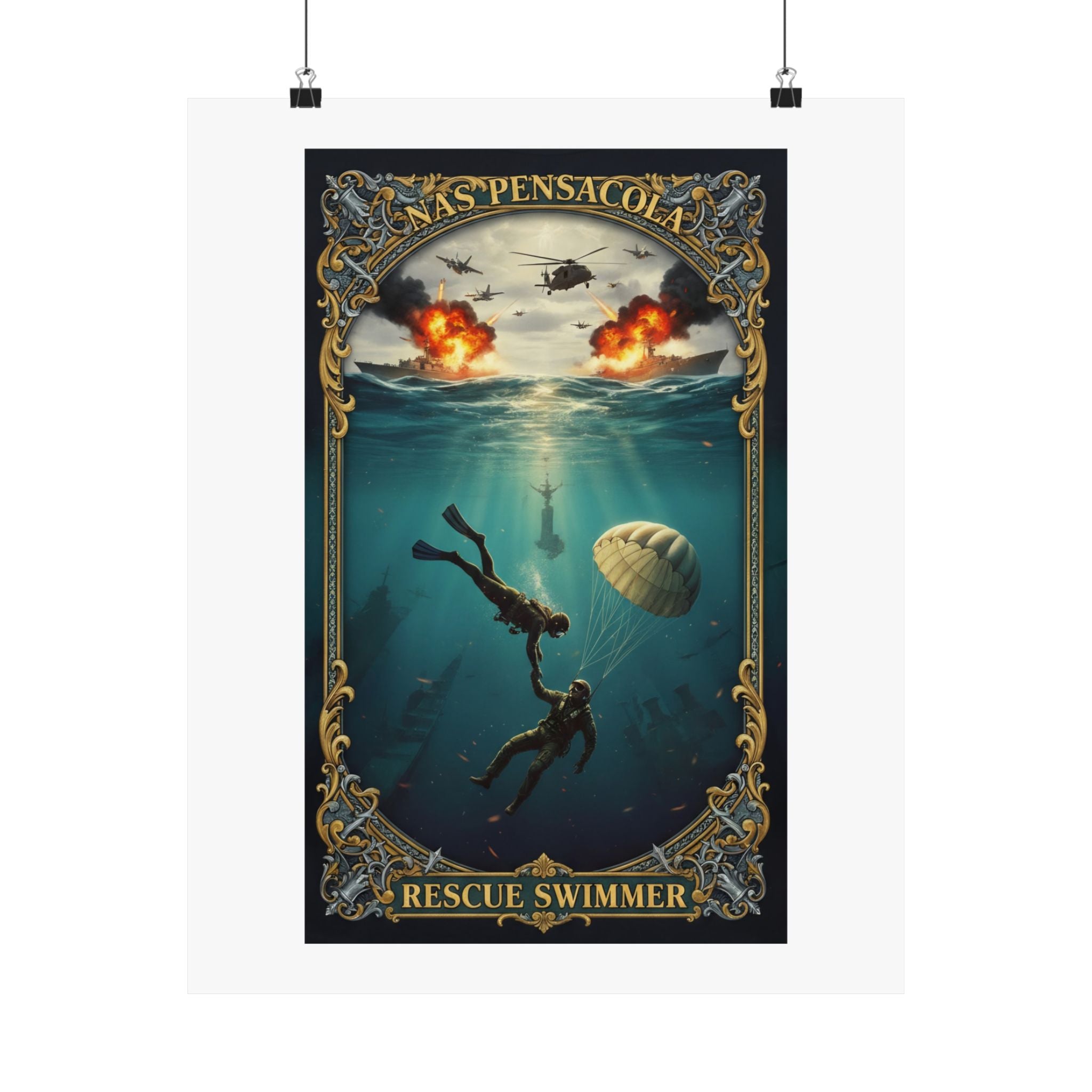 Rescue Swimmer Matte Vertical Poster — NAS Pensacola Military Aviation & Sea Rescue Art