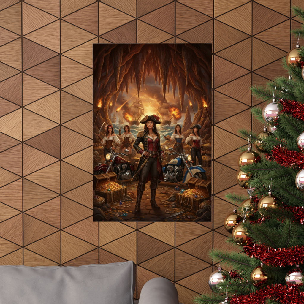 Pirate Queen Matte Poster — Fantasy Biker Treasure Cave Wall Art