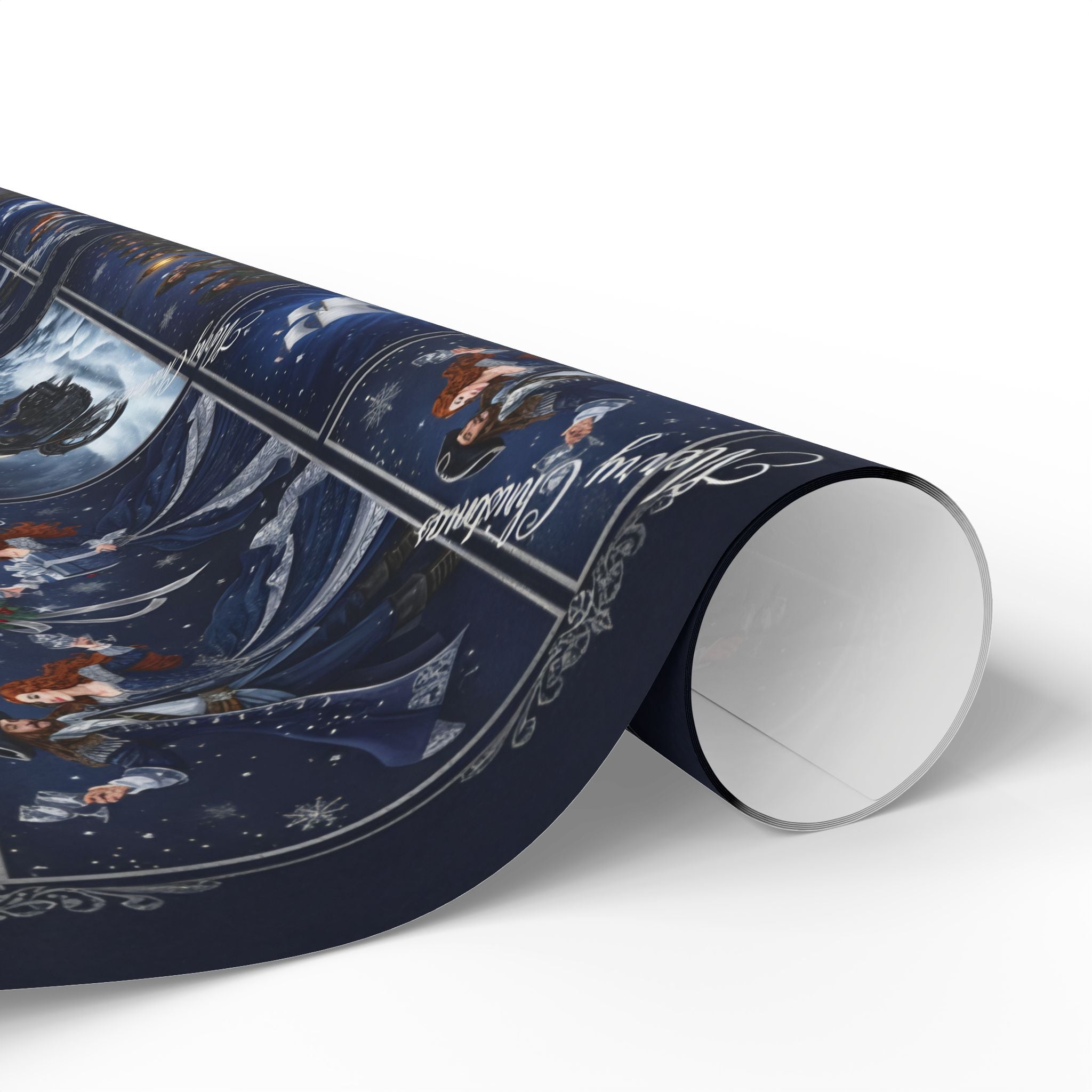 Wrapping Paper - Festive Navy Holiday Scene Gift Wrap (Snow, Sleigh, Night Sky)