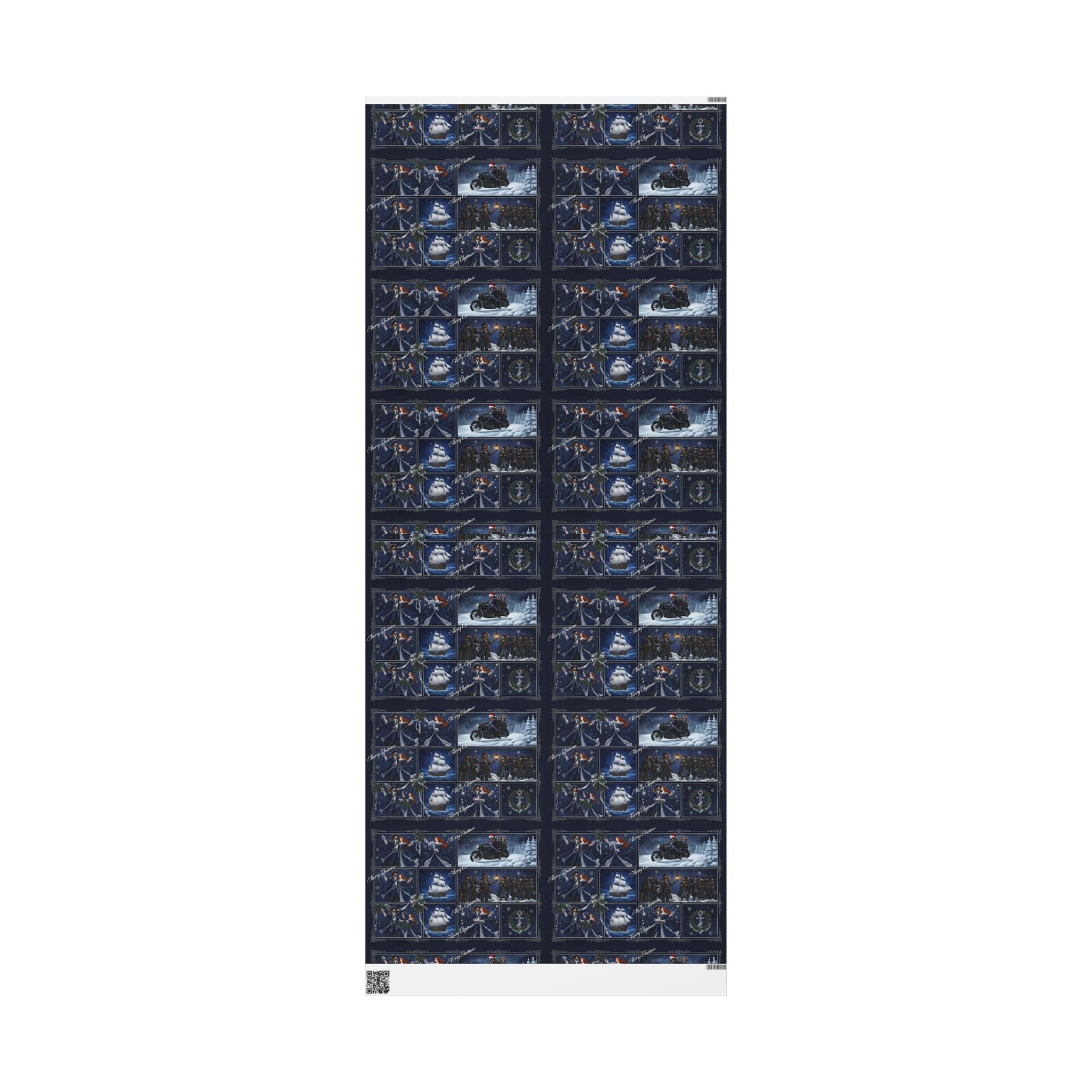 Wrapping Paper - Festive Navy Holiday Scene Gift Wrap (Snow, Sleigh, Night Sky)