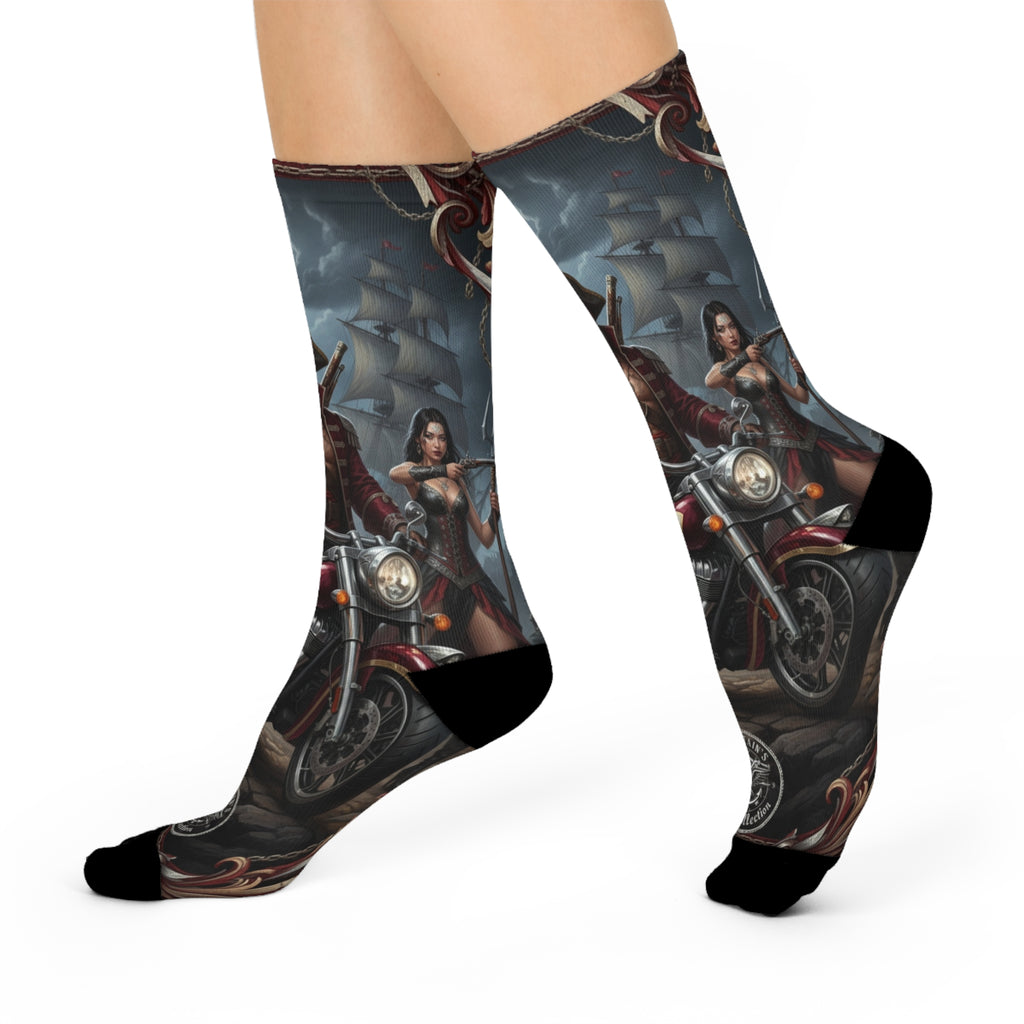 Pirate Biker Crew Socks — Cushioned Motorcycle Skull Design
