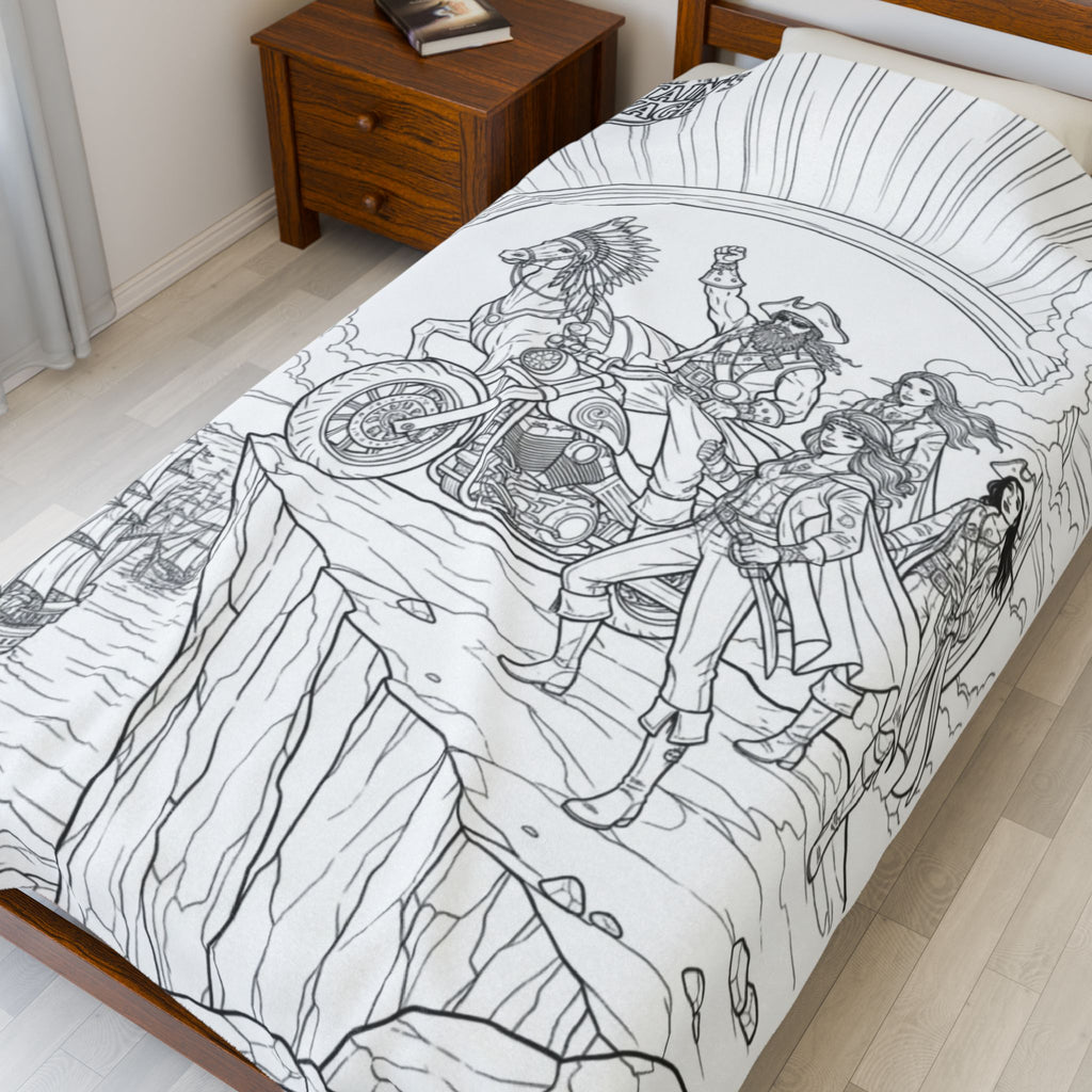 Pirate Crew Adventure Velveteen Plush Blanket — Illustrated Biker-Pirate Scene
