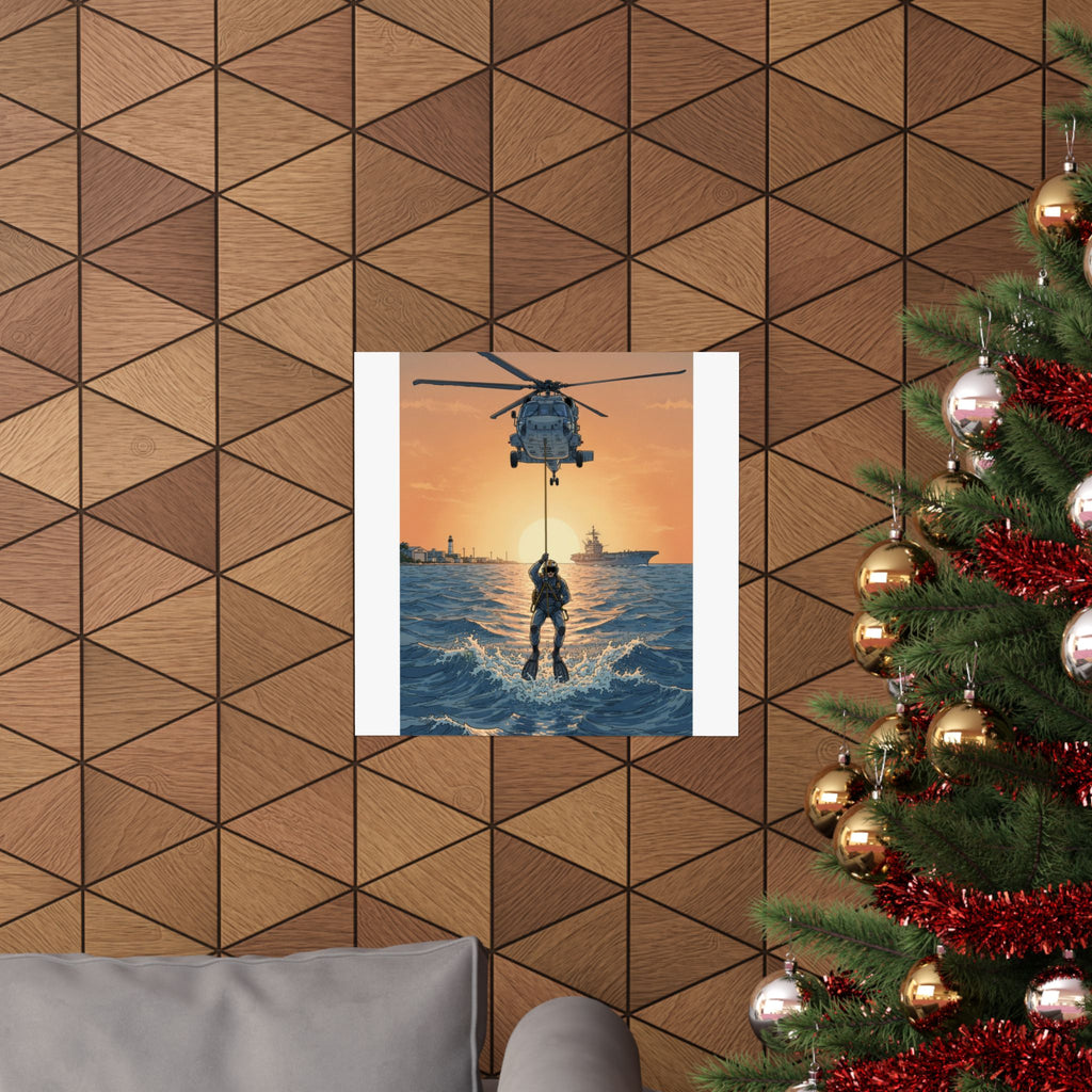 Matte Poster — Navy Rescue Helicopter at Sunset (Vertical)