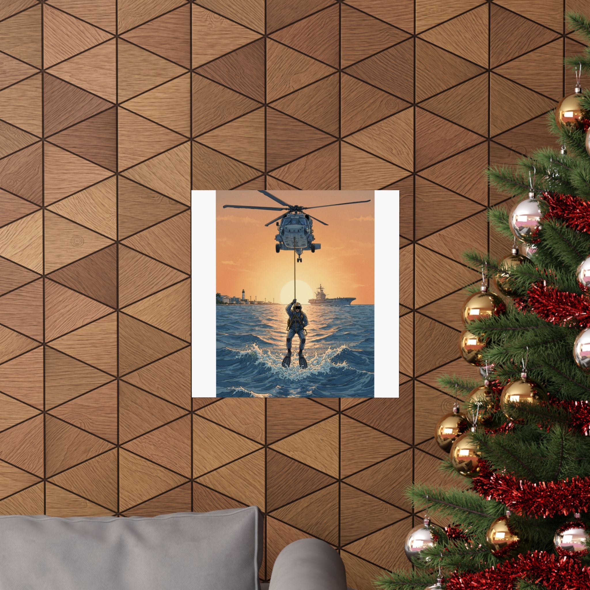 Matte Poster — Navy Rescue Helicopter at Sunset (Vertical)