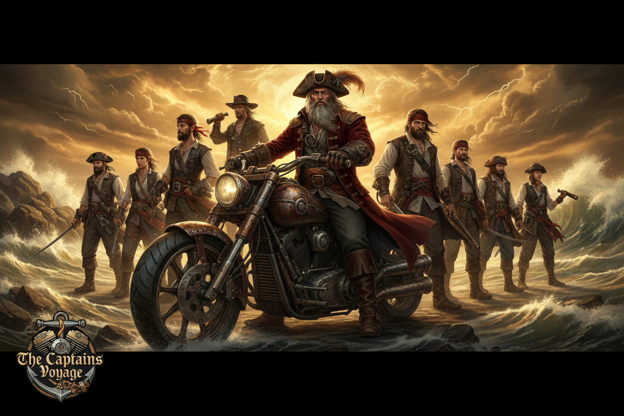 Pirate Captain on Motorcycle with Crew Banner